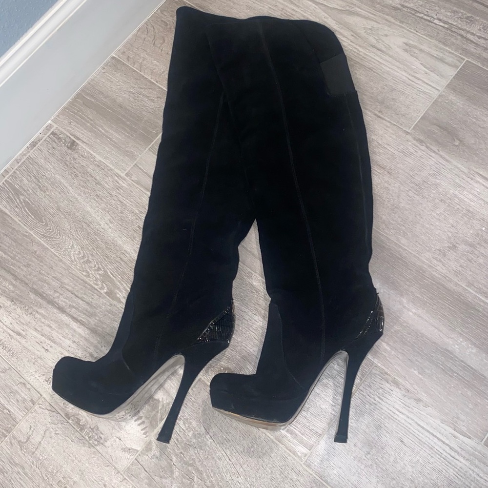 H BY HALSTON • Black Liza Suede Over The Knee Platform Boot- 7.